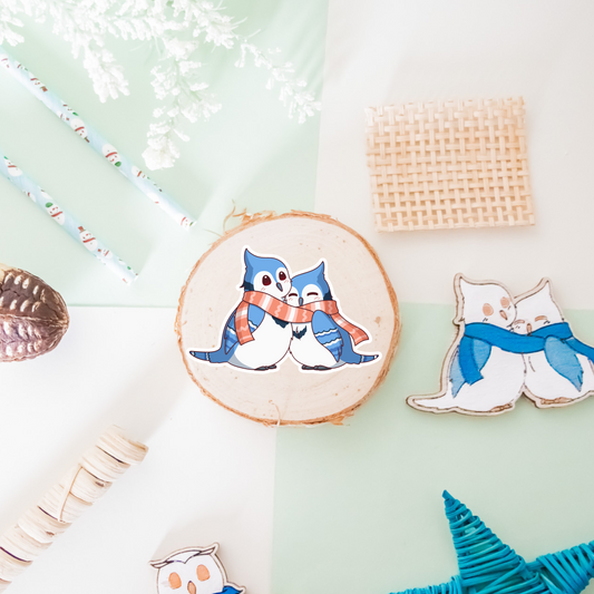 Blue Jay Winter Snuggle Vinyl Sticker - Winter Collection
